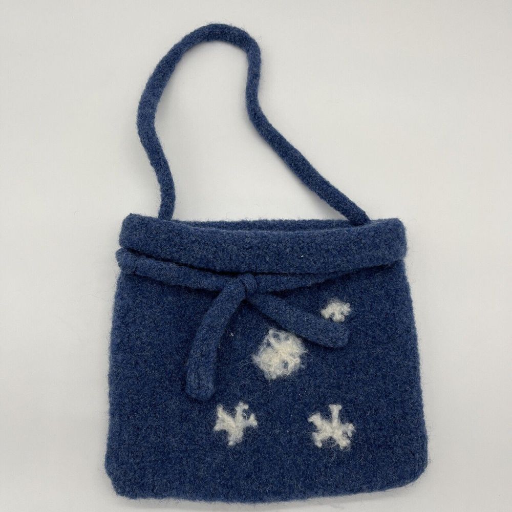 VTG Handmade Felted Wool Blue With White Snowflakes Boho Bag Purse